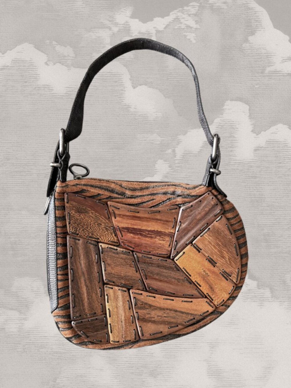FENDI Wood Patchwork Tiger Print Oyster Shoulder Bag Hobo Y2K Lizard